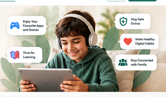 Boy using tablet with headphones happily