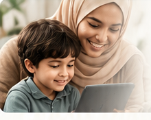 Mother and son with tablet setting up Hayat Family